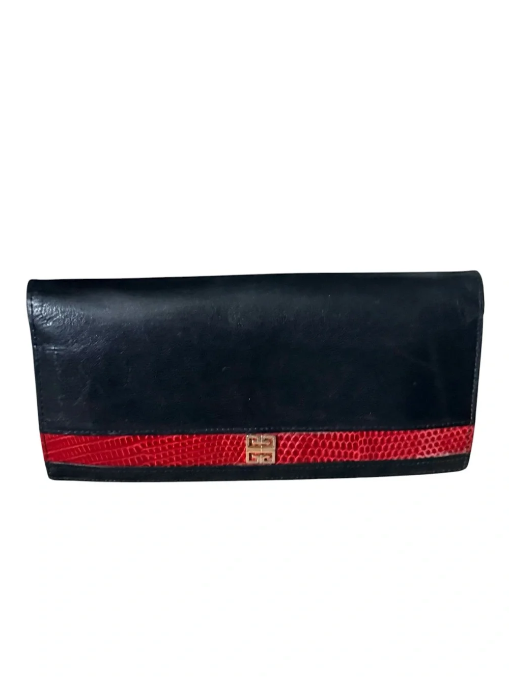 Vintage GIVENCHY PARIS Black Leather Long Wallet with Red Lizard Accent